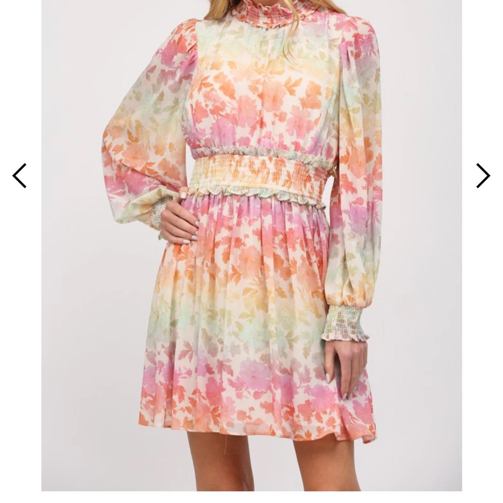 Fate Rainbow Ombre Chiffon Smocked Long Sleeve Dress Women’s Small Whimsy Fairy